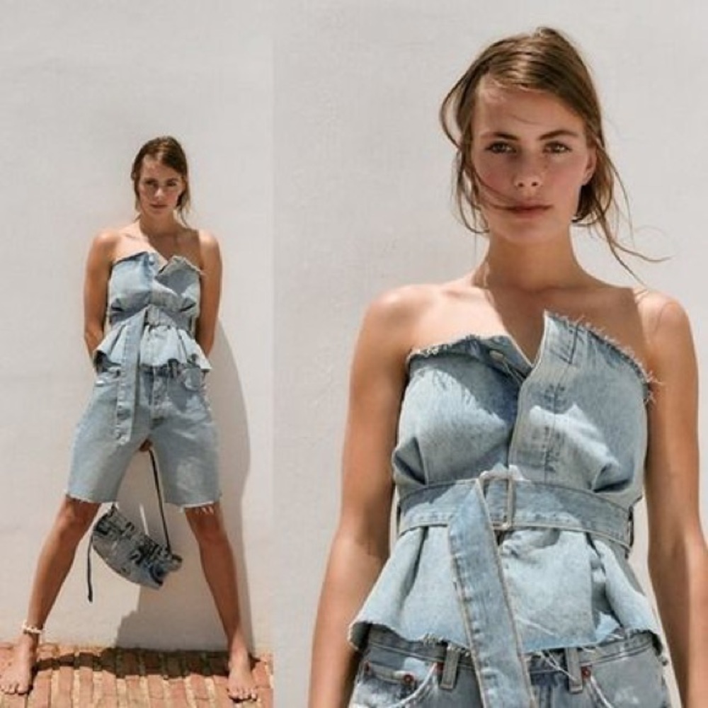 Zara nwt denim jeans belted corset strapless top - Picture 7 of 8